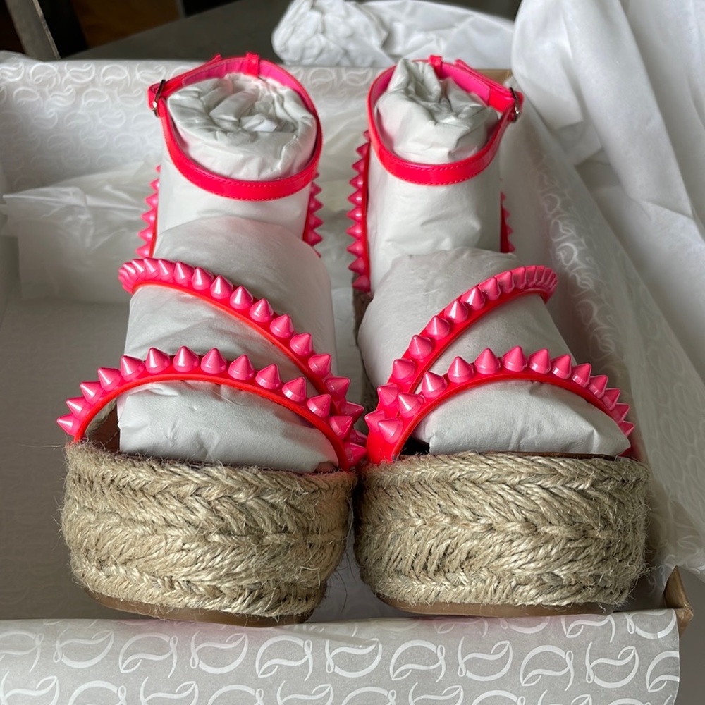 Christian louboutin mafaldina 120mm wedge espadrille pink neon sandal sz 40 - Picture 9 of 14